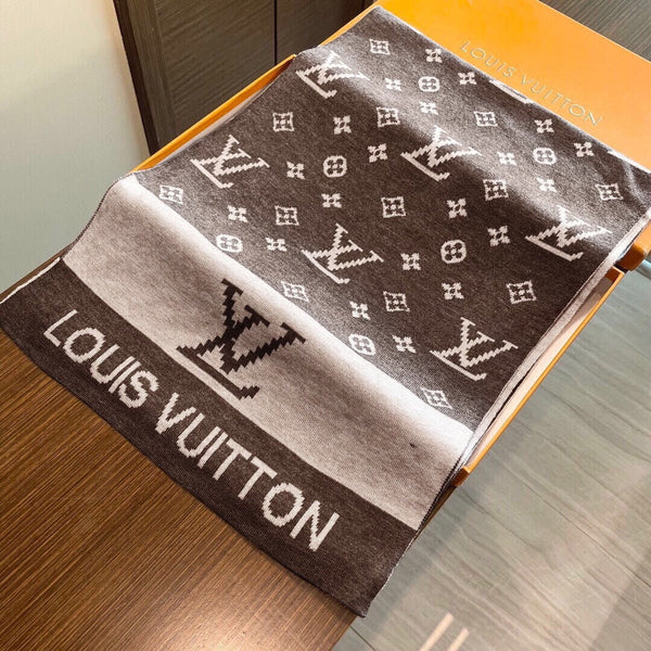 LV 25s Scarf 200cm Brown Light Gray Cashmere 973133