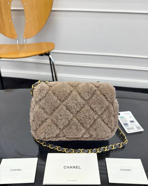 CC 2026 Flap Bag Grey Beige Shearling Leather