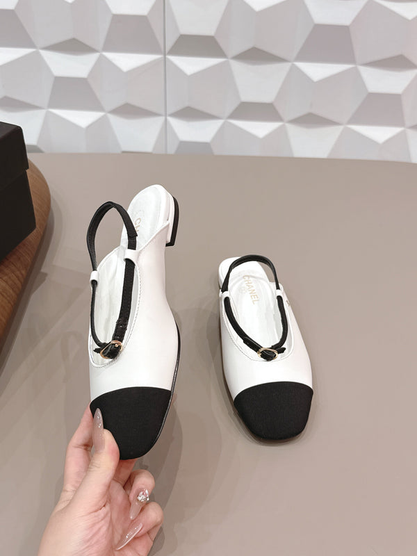 CC 26s Round-Toe Open-Back Flats Black White Fabric Leather 613257
