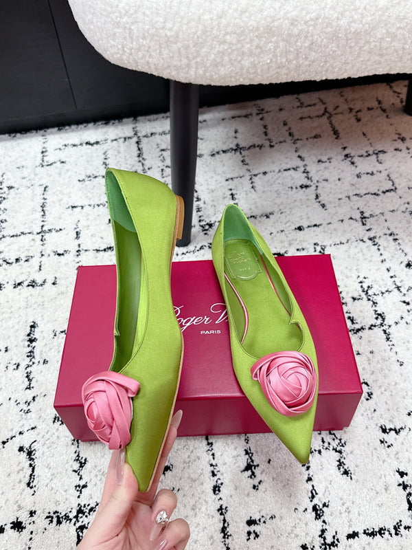 RV Rose Vivier Flower Slingback Flat Pink Green Satin 617284