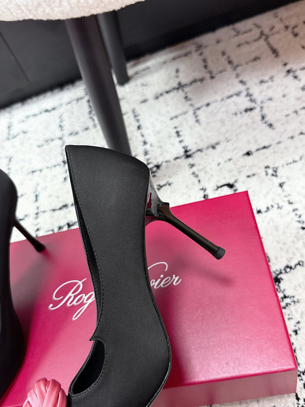 RV Rose Vivier Flower Pumps 10cm Pink Black Satin 617291