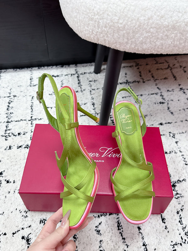 RV Rose Vivier Sandals 10cm Olive Green Satin 617305