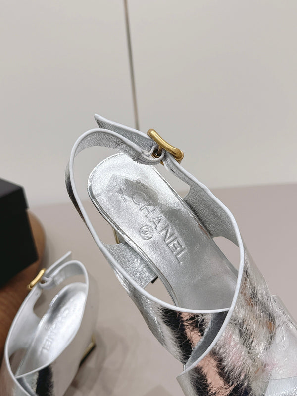 CC 26s Round-Toe Square-Heeled Sandals 7.5cm Sliver Leather