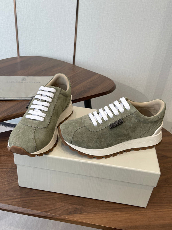 Brunello Runners With Shiny Tab Olive Suede 624491
