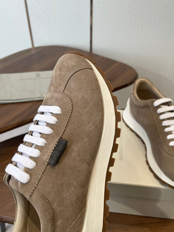 Brunello Runners With Shiny Tab Taupe Suede 624492