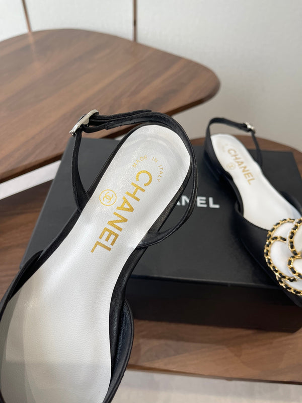CC Classic Camellia Flat Slingback Black White Leather 624232
