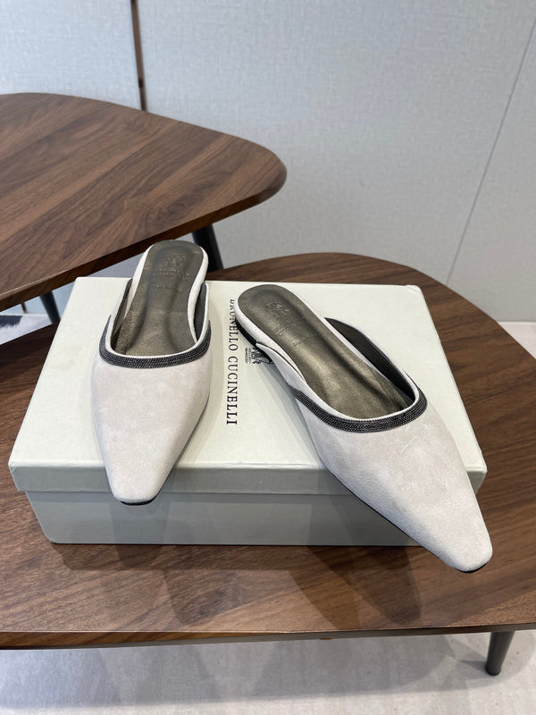 Brunello Monili-chain Mules White Suede 624506