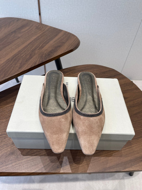 Brunello Monili-chain Mules Brown Suede 624508