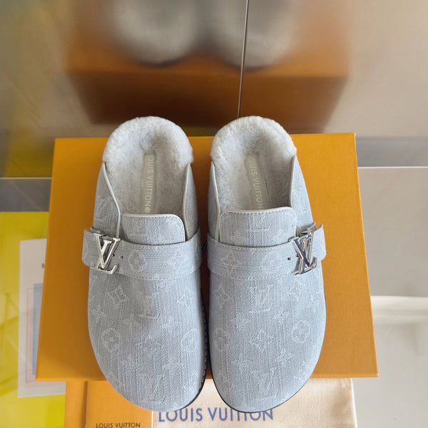 LV 25 Birkenstock Platform Slippers Light Gray Denim Wool 576212