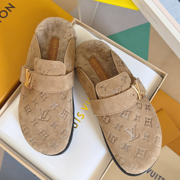 LV 25 Birkenstock Platform Slippers Beige Suede Wool 576216