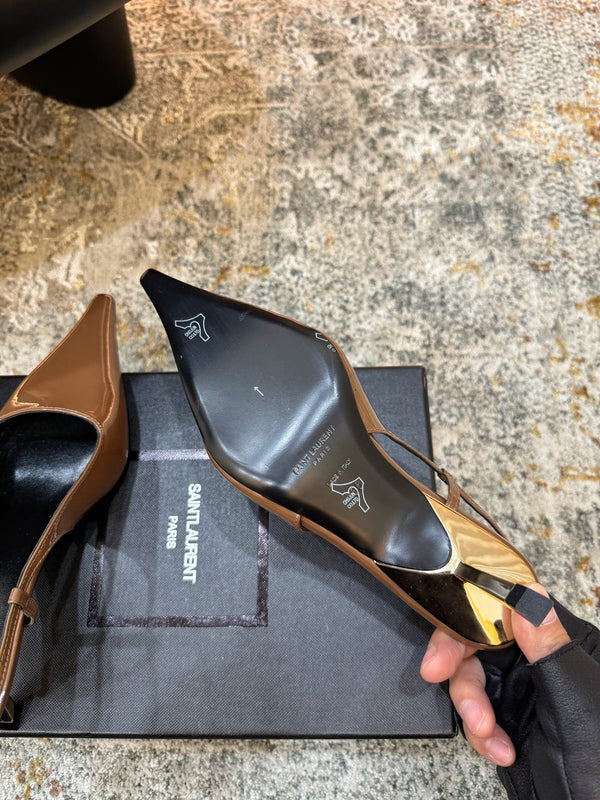 YSL Anne-Marie Slingback 8cm Brown Patent Leather 637223