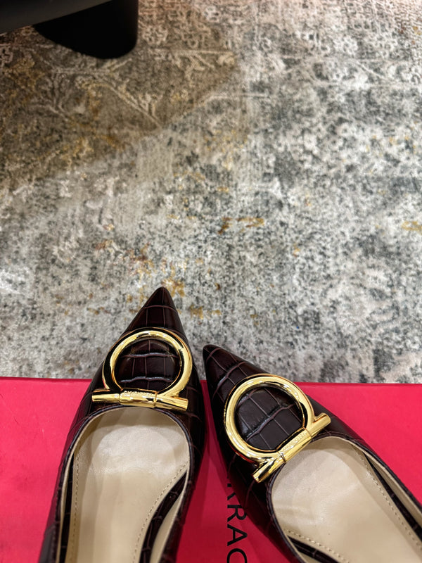 Ferragamo Maxi Gancini Slingback 7.5cm Black Embossed Cowhide 694841