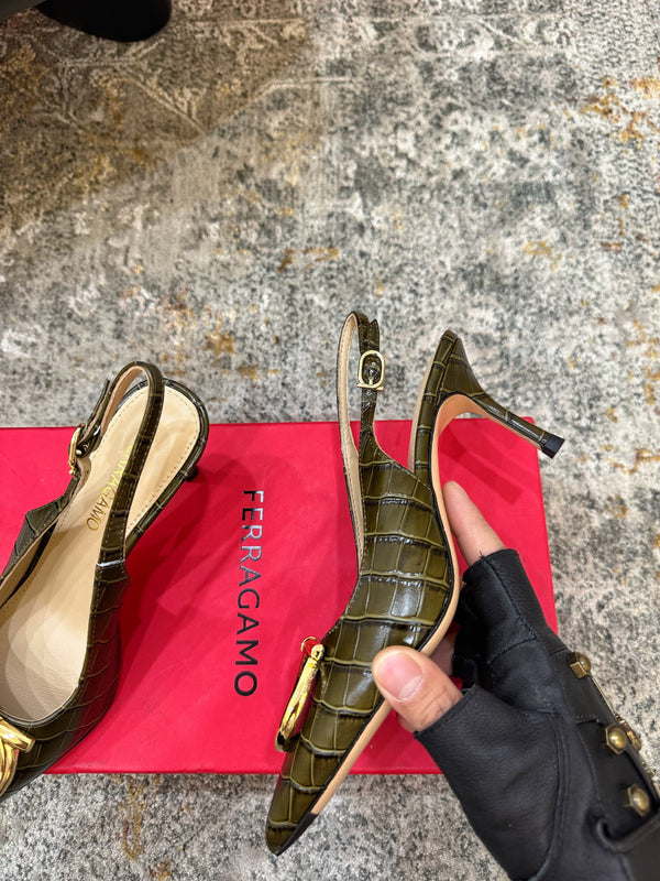 Ferragamo Maxi Gancini Slingback 7.5cm Olive Embossed Cowhide