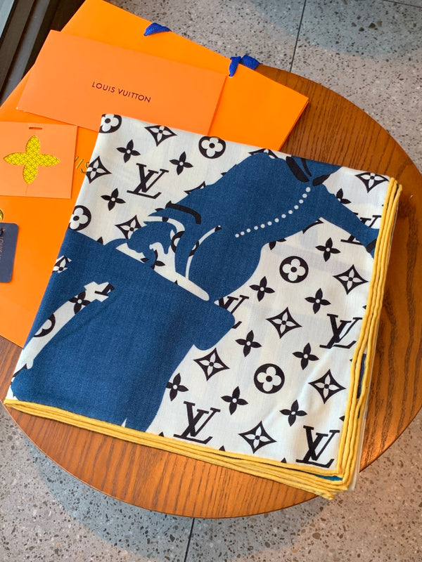LV Scarf 135cm White Blue Cashmere Mulberry Silk 976761