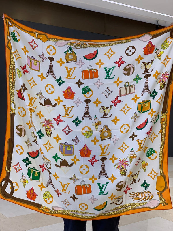LV Scarf 135cm White Orange Multicolor Cashmere Mulberry Silk 976762