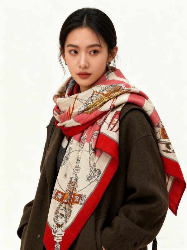 HM Starry Night Chorus Double-Sided Scarf 140cm Red Silk Cashmere 143717
