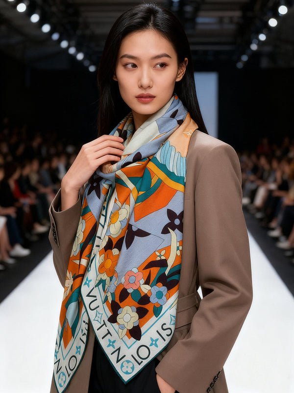 LV Double-sided Scarf 135cm Orange Cashmere Silk 143726