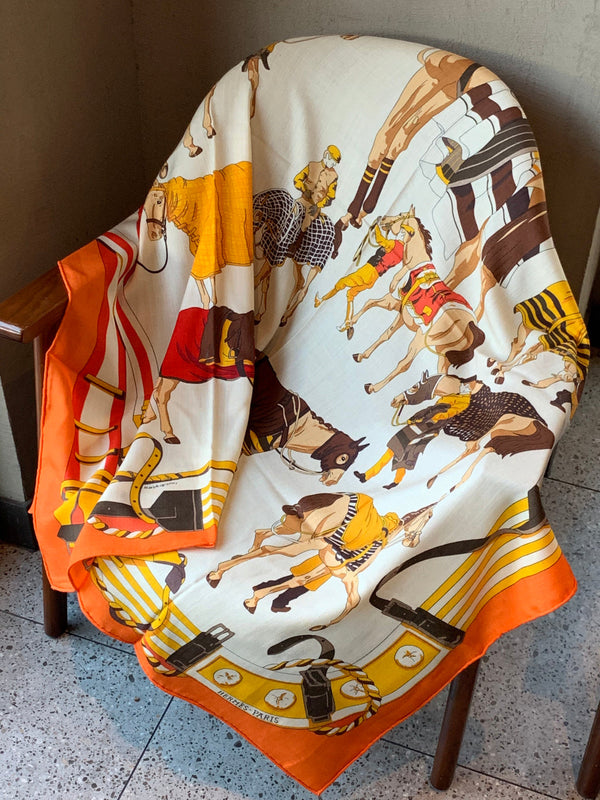 HM 26s Double-sided Scarf 140cm Orange Cream Silk Cashmere 153158