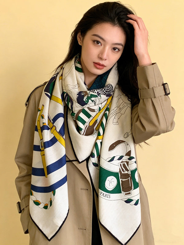 HM 26s Double-sided Scarf 140cm Beige Silk Cashmere 153159