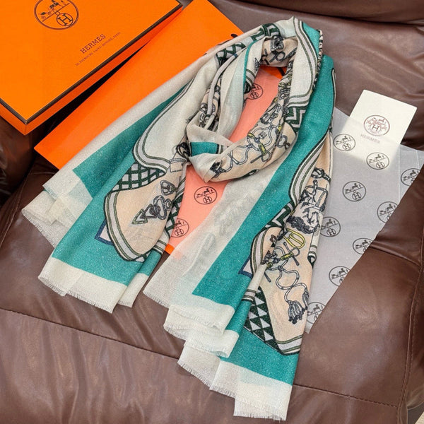 HM 26s Double-sided Scarf 200*100 Vert Marine Ivoire Cashmere 153176