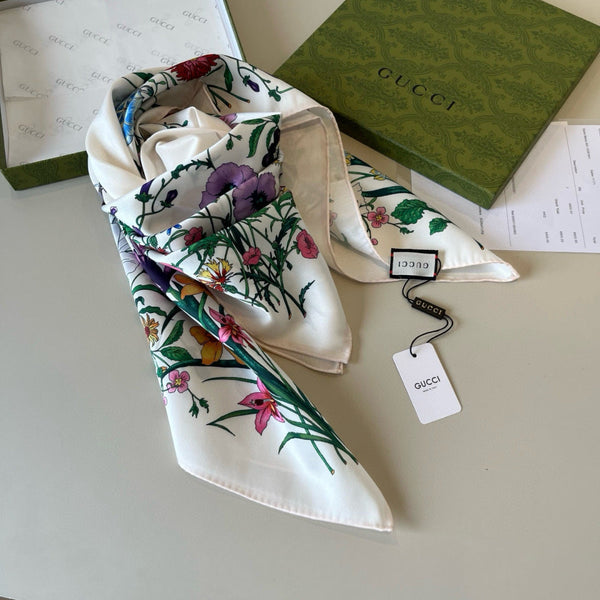 GG Scarf 90CM White Multi-Colored Floral Mulberry Silk 286774