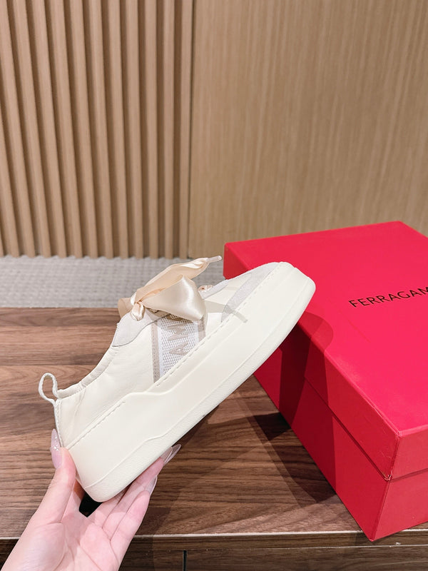 Ferragamo Bow Platform Sneaker Grey Ivory Satin Sheepskin