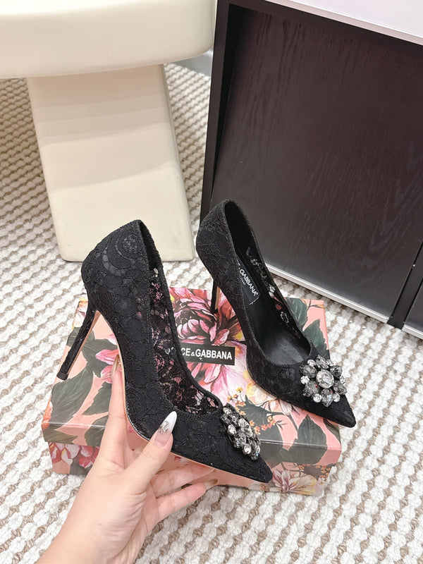 DG Pumps Crystals 9cm Black Taormina Lace 663085