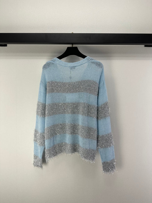CC 26C Knit Long-Sleeve Cardigan Blue Grey Stripes Wool Acrylic Nylon 349042