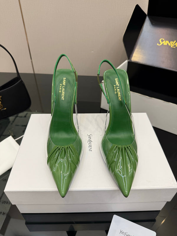 YSL Chica Slingback 10.5cm Green Leather 828240