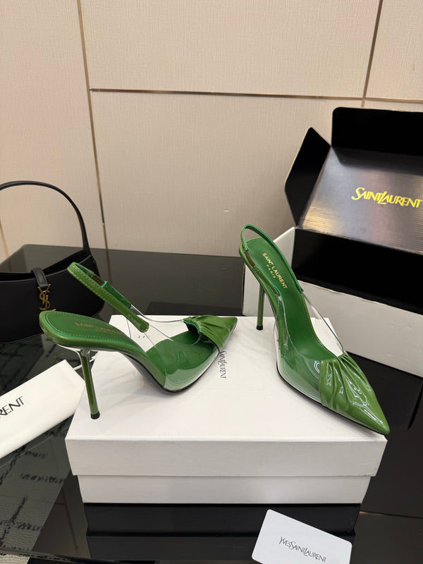 YSL Chica Slingback 10.5cm Green Leather 828240