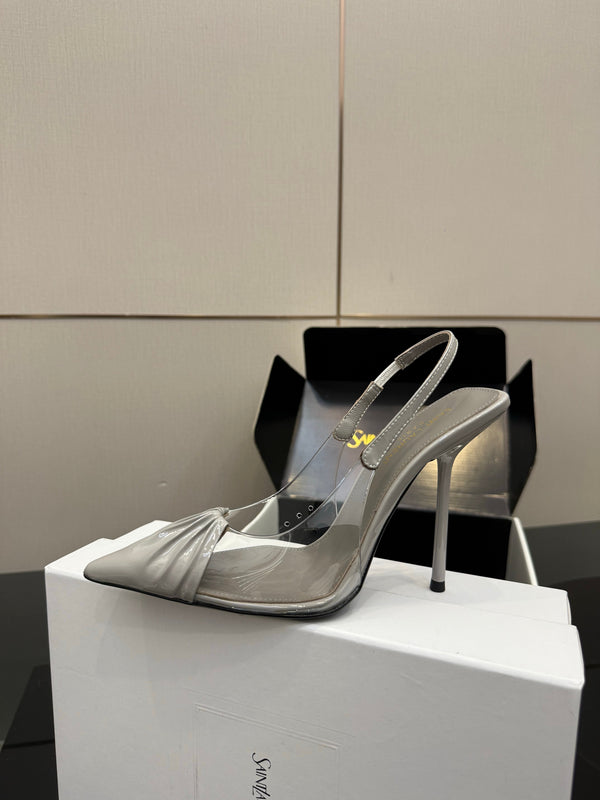 YSL Chica Slingback 10.5cm Grey Leather 828242