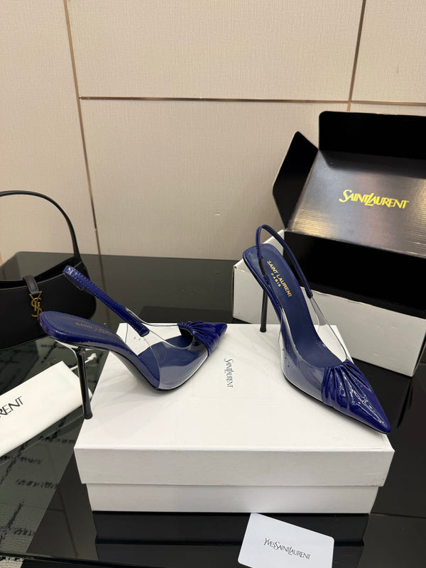 YSL Chica Slingback 10.5cm Blue Leather 828243