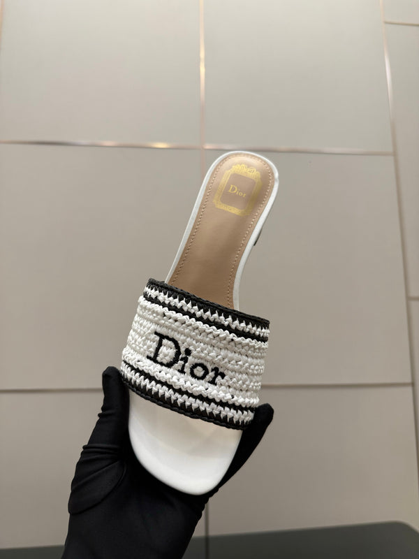 CD Dioriviera Woven Slides 4cm White Fabric Goatskin 828265
