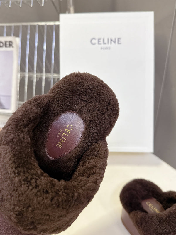 CL 26s Wedge Mules In Plum Brown Suede And Wool