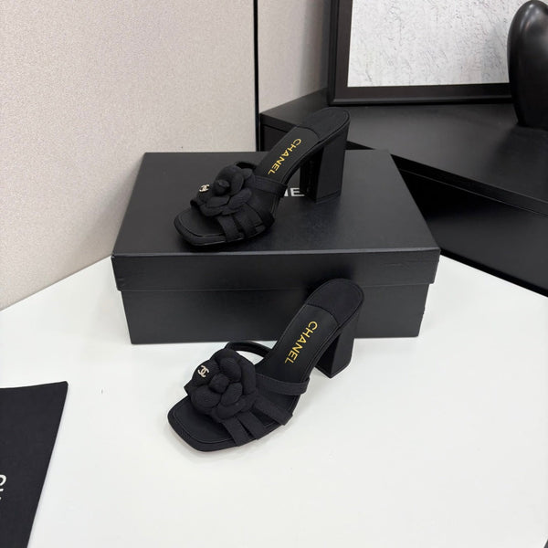 CC 25 Camellia Open Heel Mule Sandals 90mm Black Sheepskin And Fabric 368841