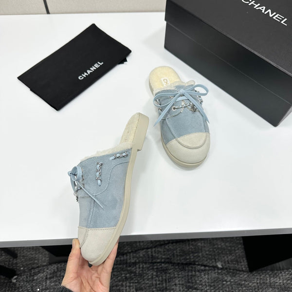CC 26s Mules Flat Light Blue Suede Leather Fur 109161