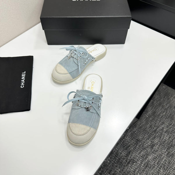 CC 26s Mules Flat Light Blue Suede Leather 109166