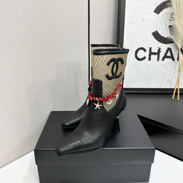 CC 26s Ankle Boots Seashell Charms Black Beige Mesh Leather 944677