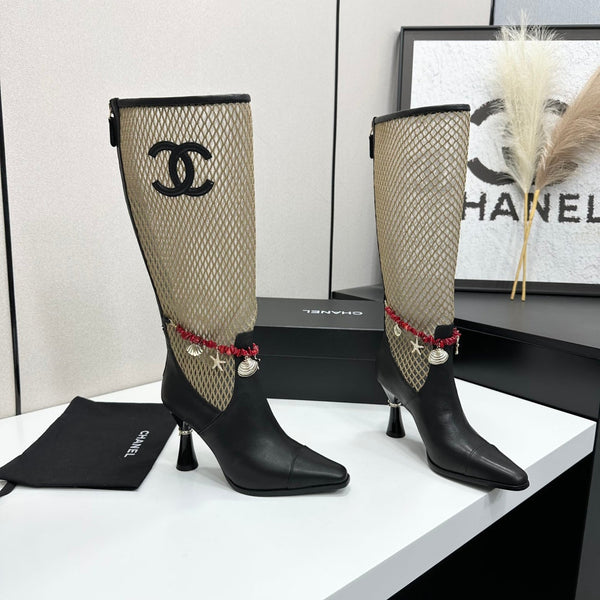 CC 26s Knee-High Boots Seashell Charms Black Beige Mesh Leather 944678