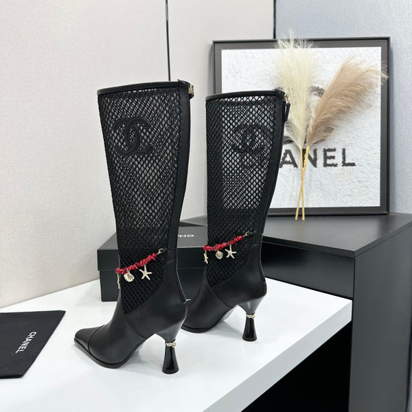 CC 26s Knee-High Boots Seashell Charms Black Mesh Leather 944679