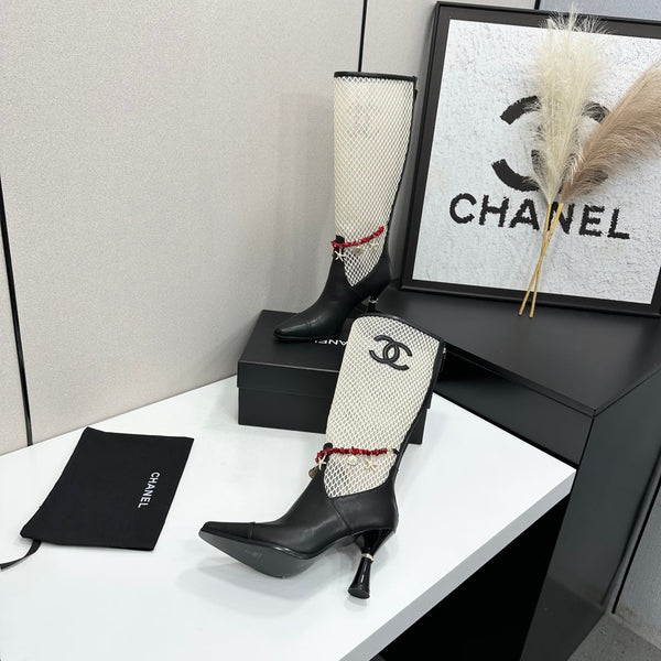 CC 26s Knee-High Boots Seashell Charms White Black Mesh Leather 944680