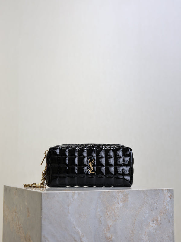 YSL Cassandre Matelassé Chain Clutch 18.5cm Black Patent Leather