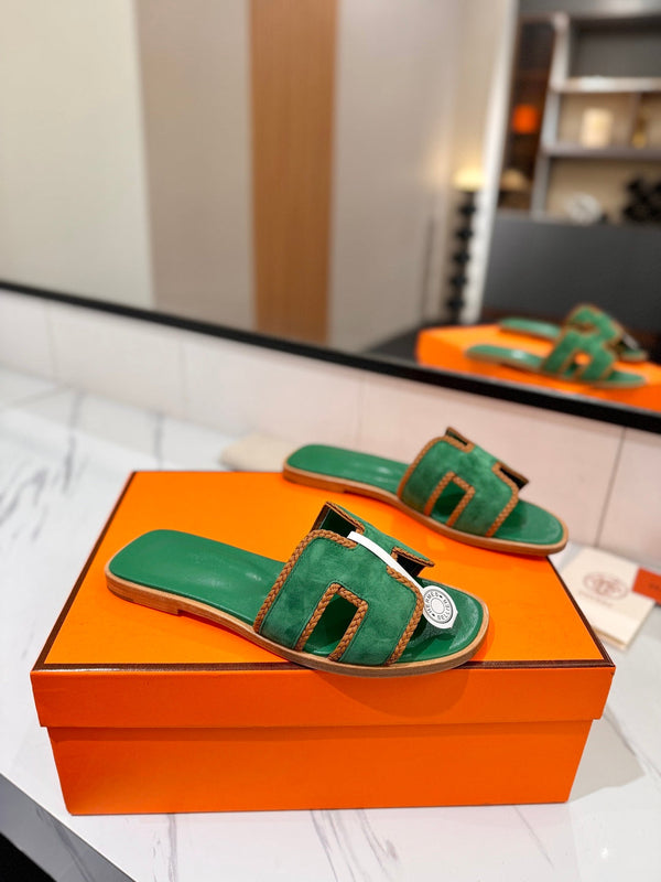 HM 26s Oran Sandals In Green Suede With Tan Bown Braided Trim