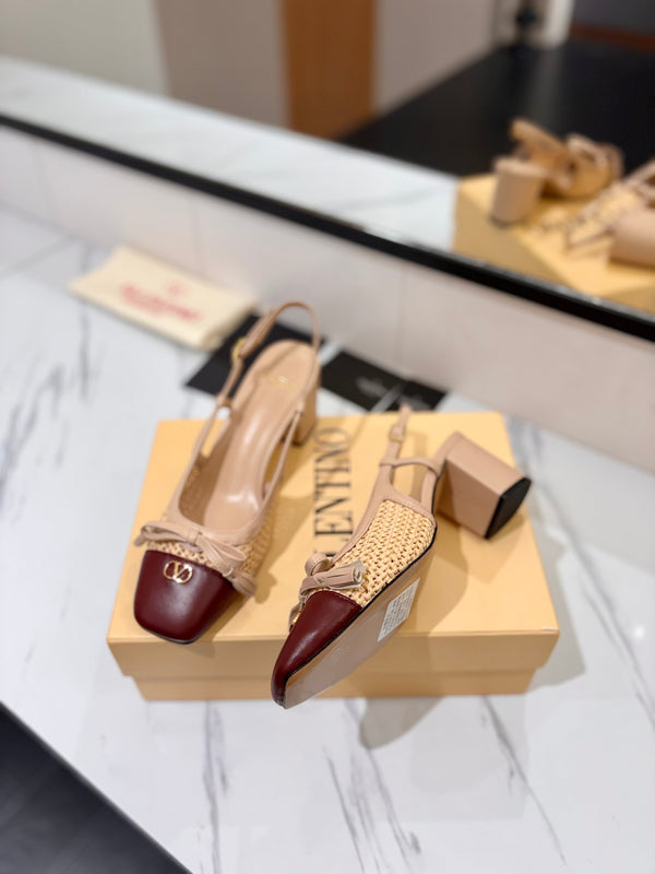 VLTN 26s Valet Du Roi Slingback 6cm Beige Burgundy Raffia Leather 985450