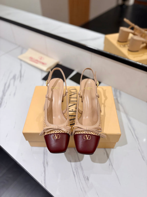 VLTN 26s Valet Du Roi Slingback 6cm Beige Burgundy Raffia Leather 985450