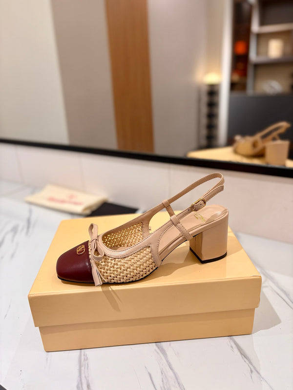 VLTN 26s Valet Du Roi Slingback 6cm Beige Burgundy Raffia Leather 985450