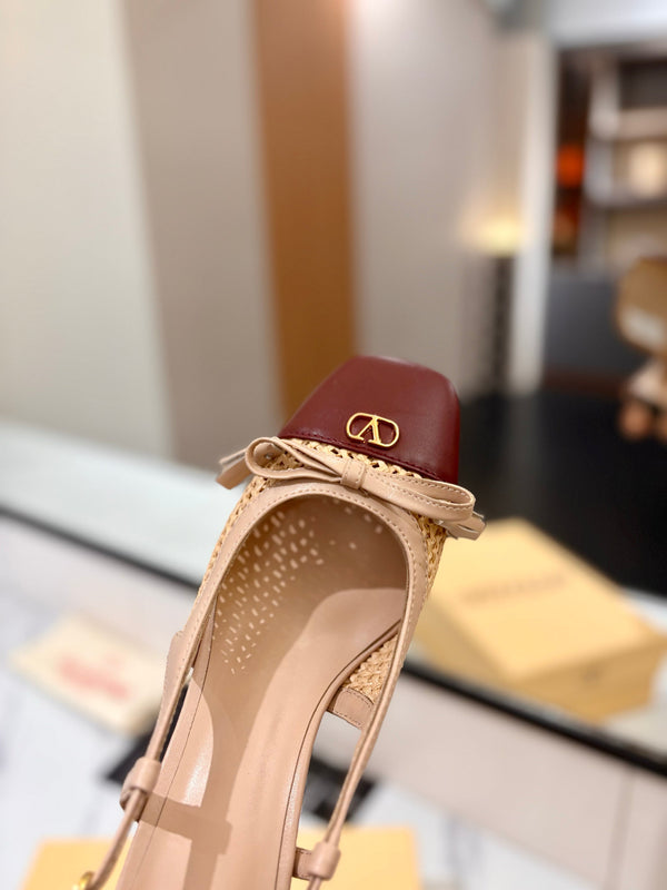 VLTN 26s Valet Du Roi Slingback 6cm Beige Burgundy Raffia Leather 985450