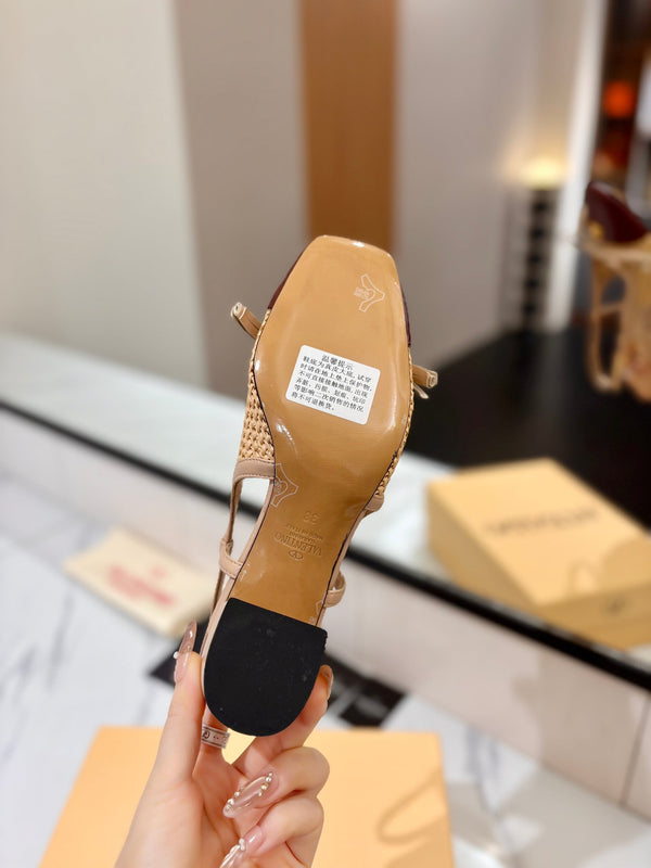 VLTN 26s Valet Du Roi Slingback 6cm Beige Burgundy Raffia Leather 985450