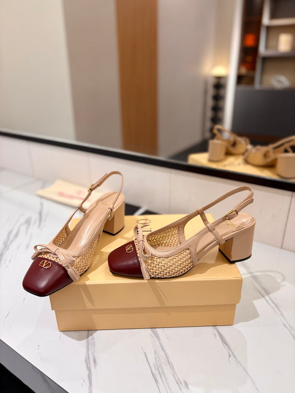 VLTN 26s Valet Du Roi Slingback 6cm Beige Burgundy Raffia Leather 985450