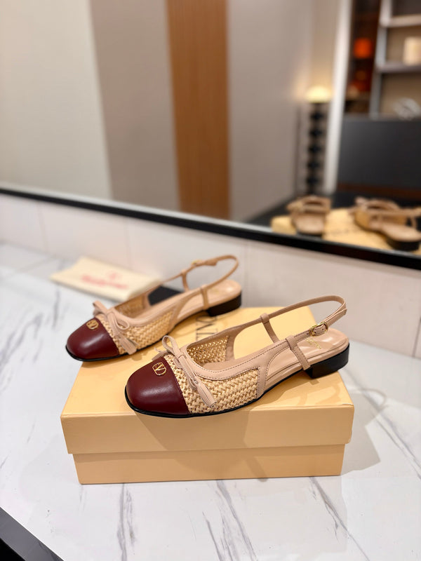 VLTN 26s Valet Du Roi Slingback Flats Beige Burgundy Raffia Leather 985453